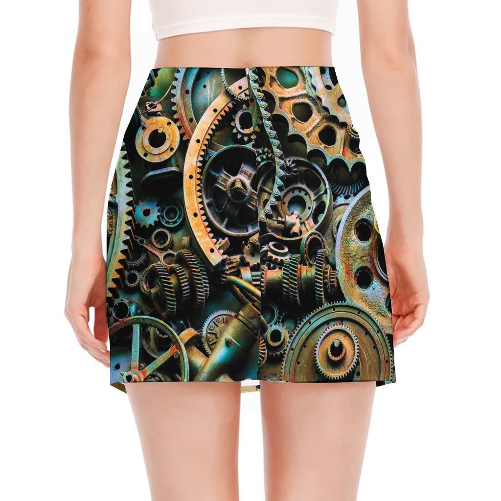 Steampunk Cogs And Gears Print Side Slit Mini Skirt