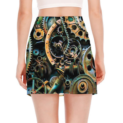 Steampunk Cogs And Gears Print Side Slit Mini Skirt