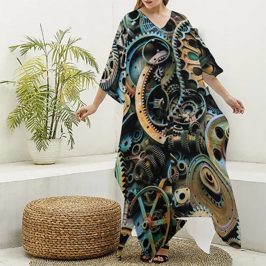 Steampunk Cogs And Gears Print Silk V-Neck Kaftan Dress