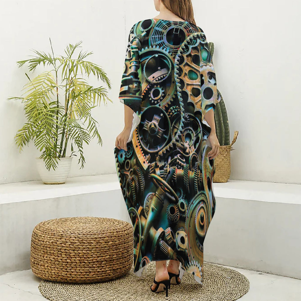 Steampunk Cogs And Gears Print Silk V-Neck Kaftan Dress