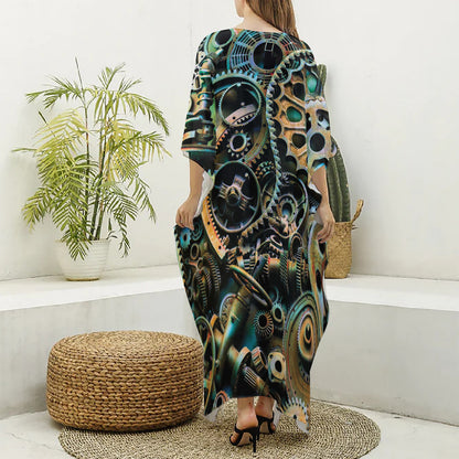 Steampunk Cogs And Gears Print Silk V-Neck Kaftan Dress