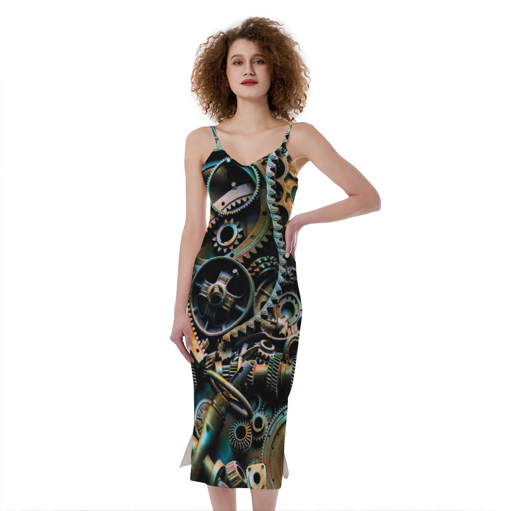 Steampunk Cogs And Gears Print Slim Fit Midi Cami Dress