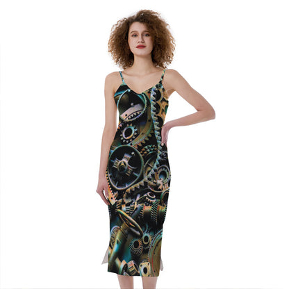 Steampunk Cogs And Gears Print Slim Fit Midi Cami Dress