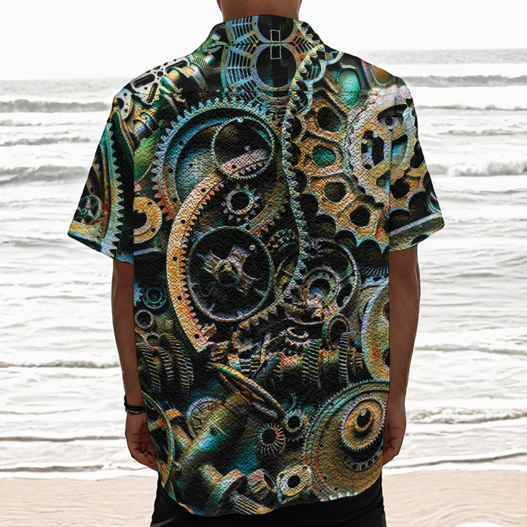 Steampunk Cogs And Gears Print Textured Short Sleeve Shirt