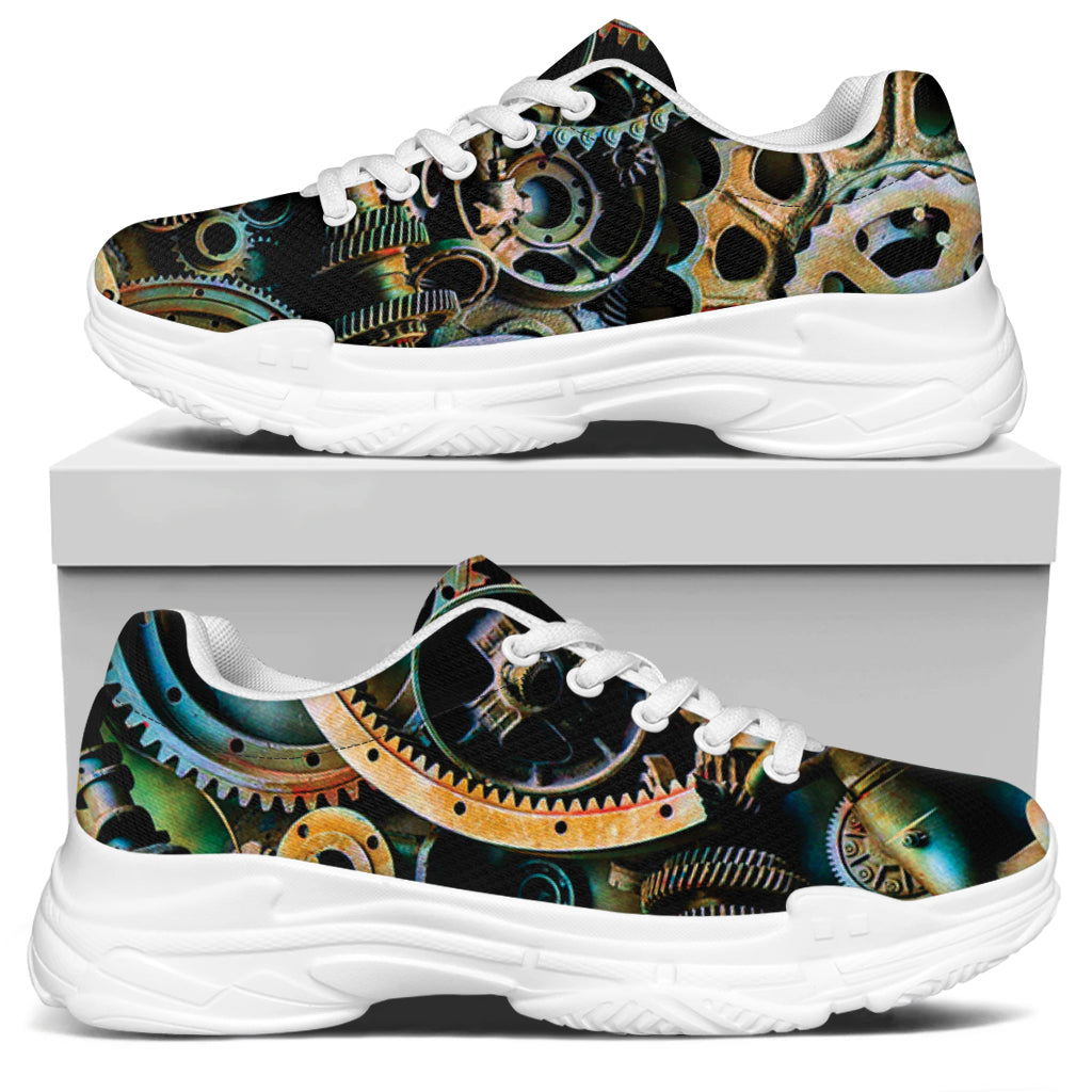 Steampunk Cogs And Gears Print White Chunky Shoes