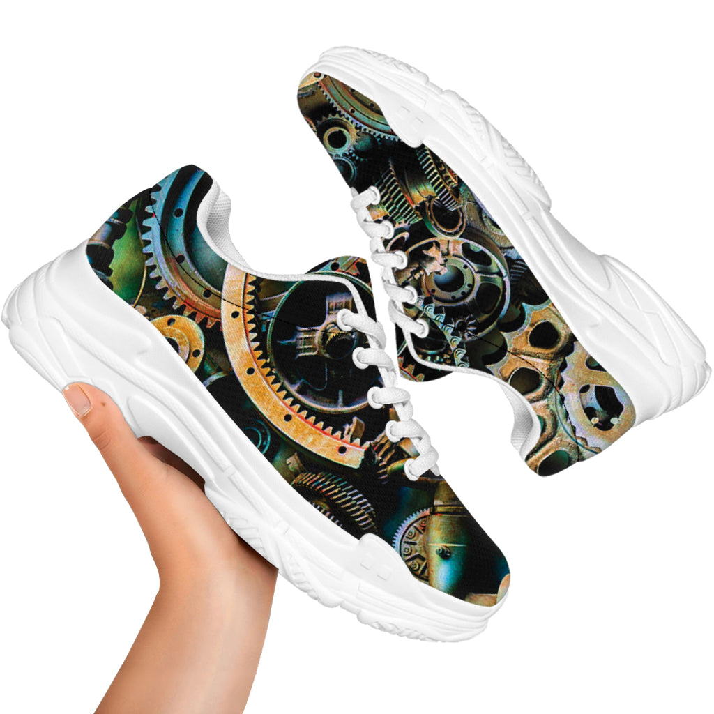 Steampunk Cogs And Gears Print White Chunky Shoes