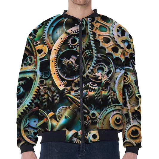Steampunk Cogs And Gears Print Zip Sleeve Bomber Jacket