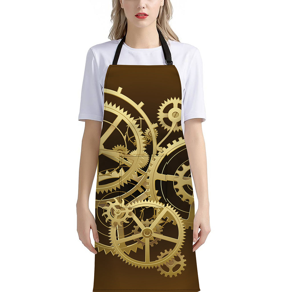 Steampunk Cogwheels Print Bib Apron With Pocket