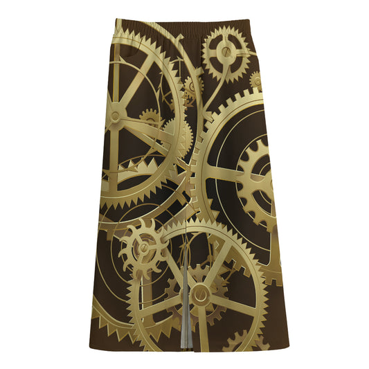 Steampunk Cogwheels Print Cotton Front Slit Maxi Skirt