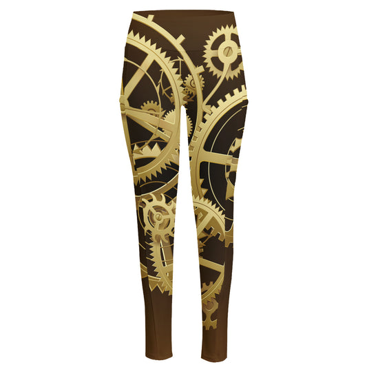Steampunk Cogwheels Print High-Waisted Pocket Leggings
