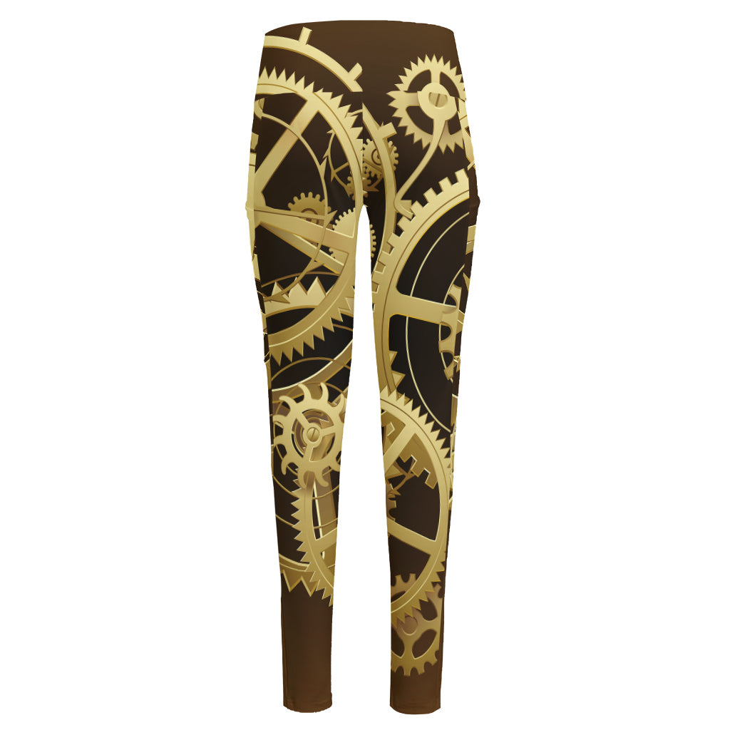 Steampunk Cogwheels Print High-Waisted Pocket Leggings