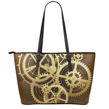 Steampunk Cogwheels Print Leather Tote Bag