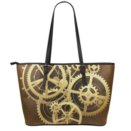 Steampunk Cogwheels Print Leather Tote Bag