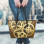 Steampunk Cogwheels Print Leather Tote Bag