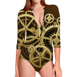Steampunk Cogwheels Print Long Sleeve Swimsuit