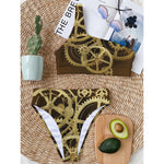 Steampunk Cogwheels Print One Shoulder Bikini Top