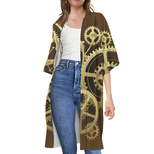 Steampunk Cogwheels Print Open Front Beach Cover Up