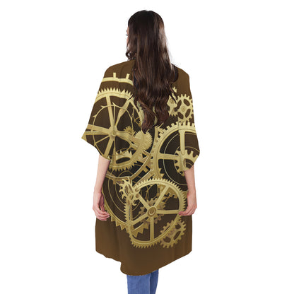 Steampunk Cogwheels Print Open Front Beach Cover Up