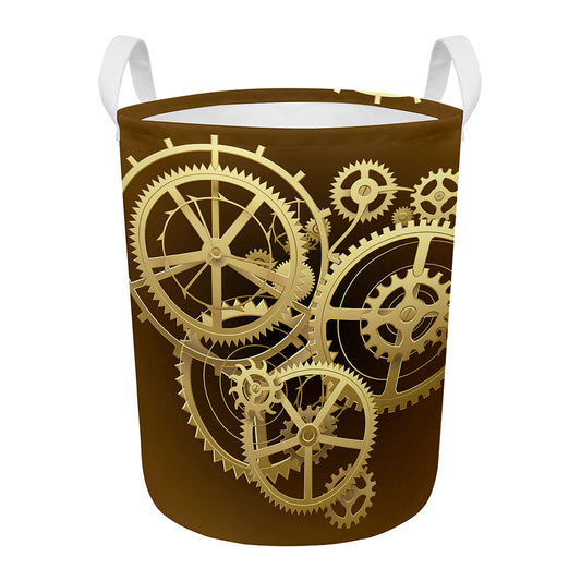 Steampunk Cogwheels Print Round Laundry Basket