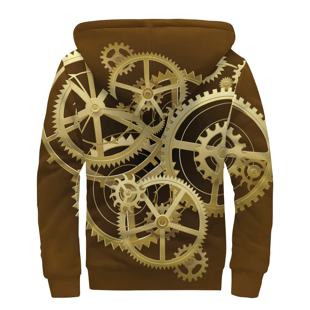 Steampunk Cogwheels Print Sherpa Lined Zip Up Hoodie