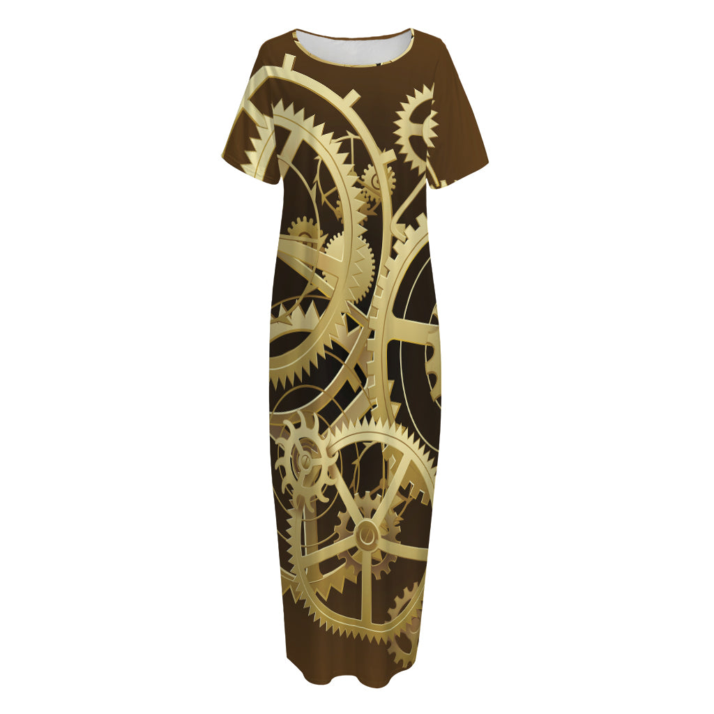 Steampunk Cogwheels Print Short Sleeve Long Nightdress