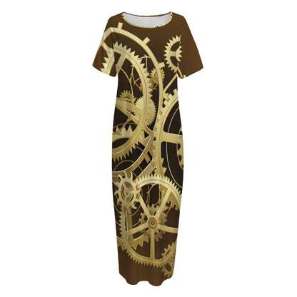 Steampunk Cogwheels Print Short Sleeve Long Nightdress