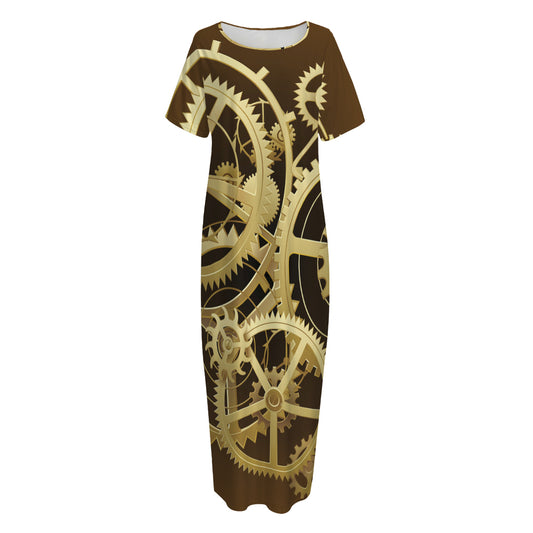 Steampunk Cogwheels Print Short Sleeve Long Nightdress