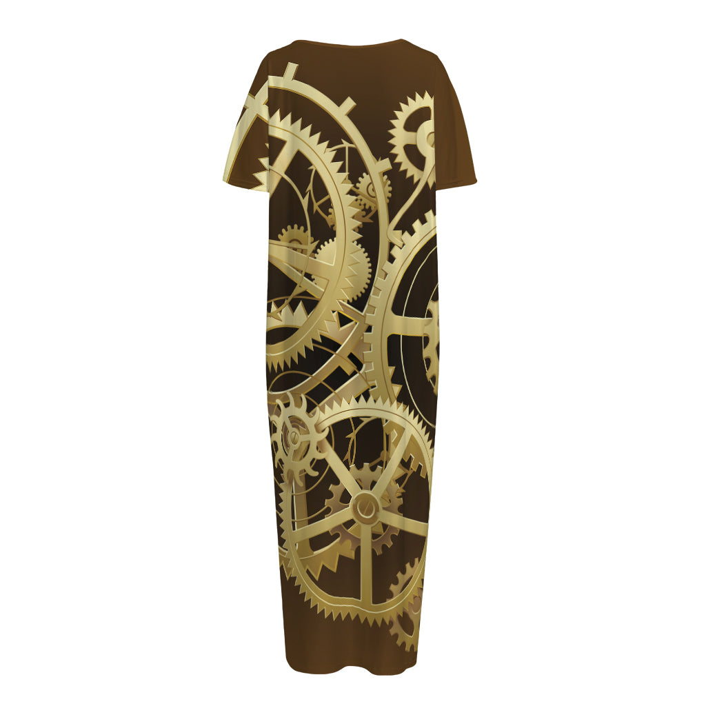 Steampunk Cogwheels Print Short Sleeve Long Nightdress