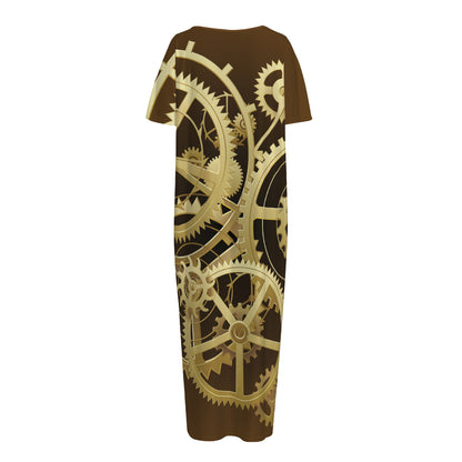 Steampunk Cogwheels Print Short Sleeve Long Nightdress