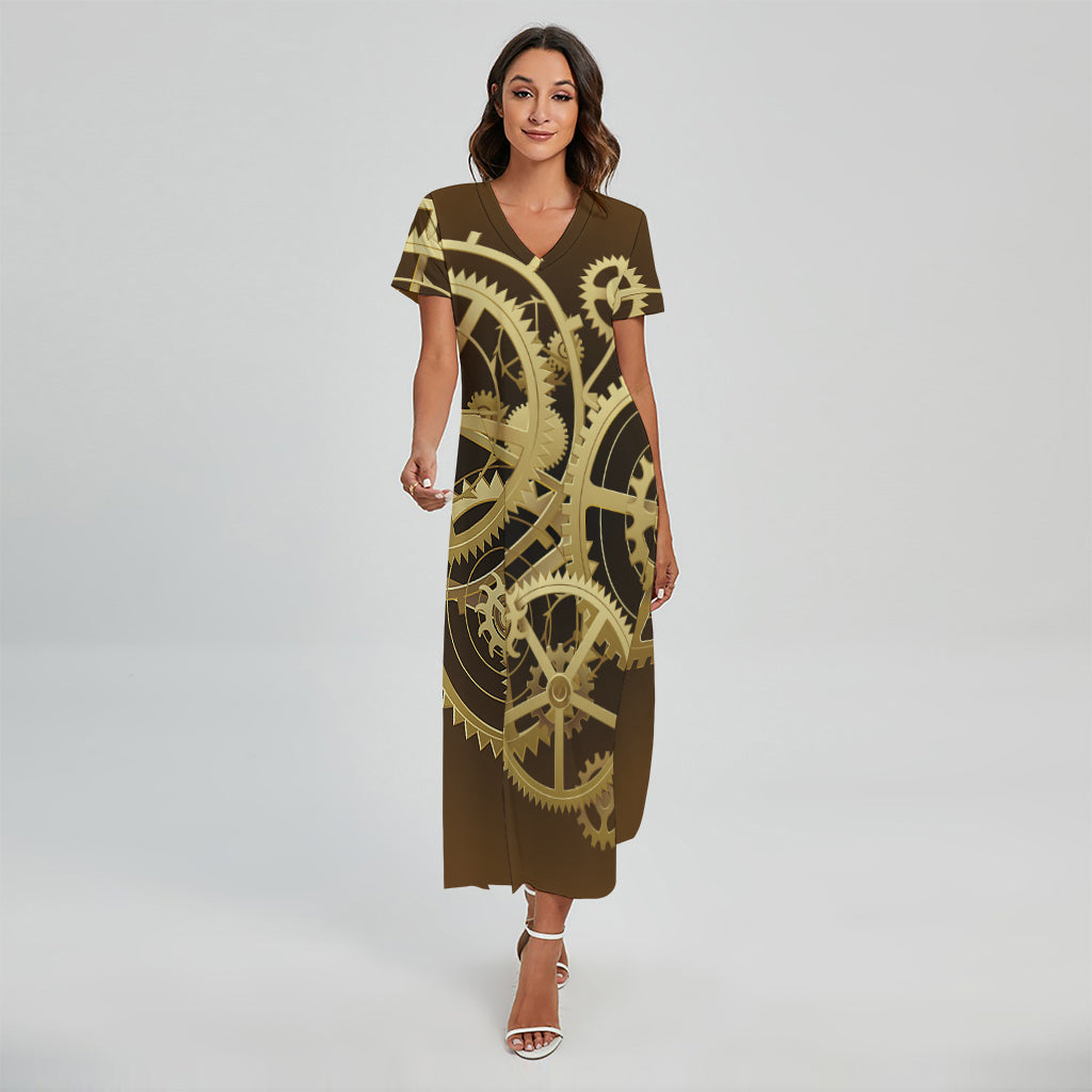 Steampunk Cogwheels Print Short Sleeve Maxi Dress