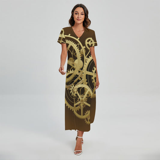 Steampunk Cogwheels Print Short Sleeve Maxi Dress