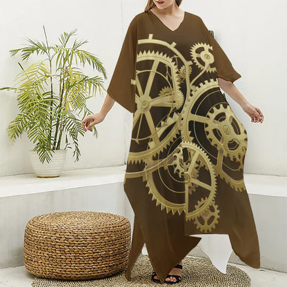 Steampunk Cogwheels Print Silk V-Neck Kaftan Dress