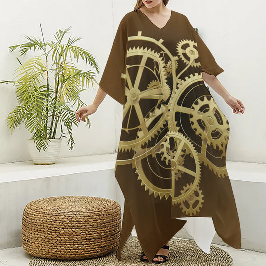 Steampunk Cogwheels Print Silk V-Neck Kaftan Dress