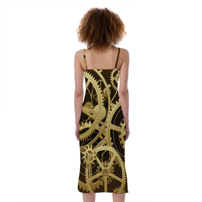 Steampunk Cogwheels Print Slim Fit Midi Cami Dress