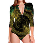 Steampunk Fractal Print Long Sleeve Swimsuit