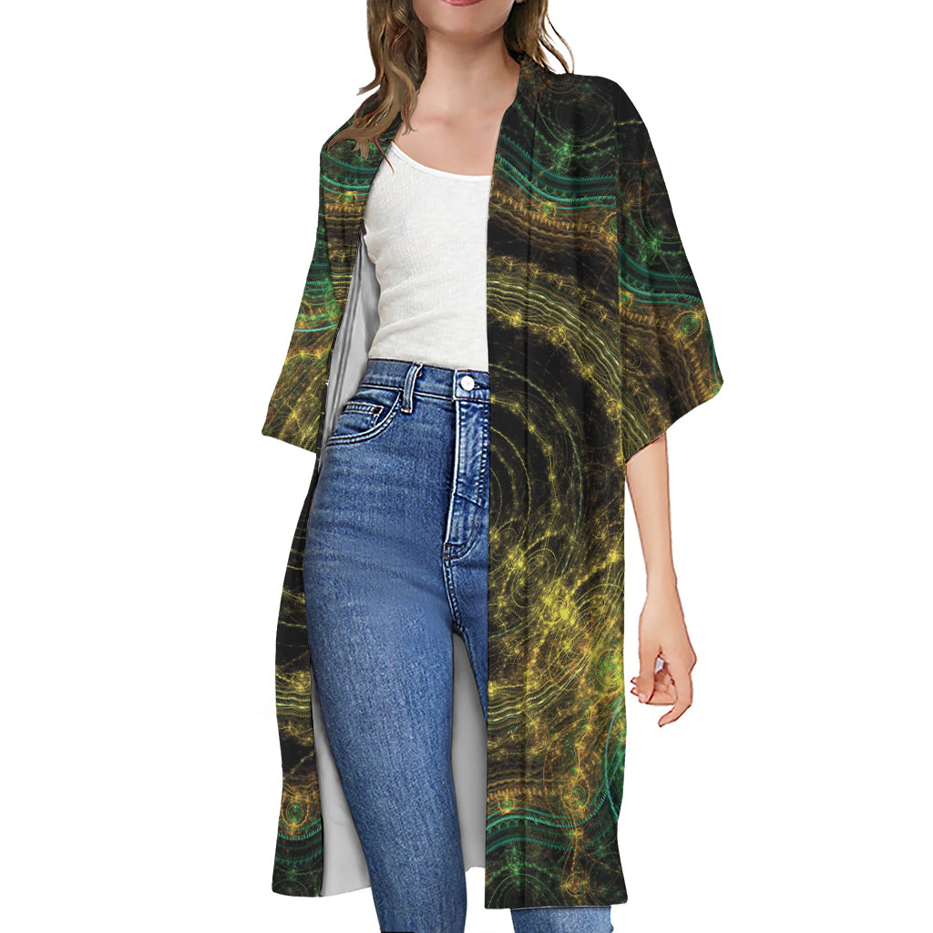 Steampunk Fractal Print Open Front Beach Cover Up