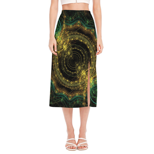 Steampunk Fractal Print Side Slit Midi Skirt