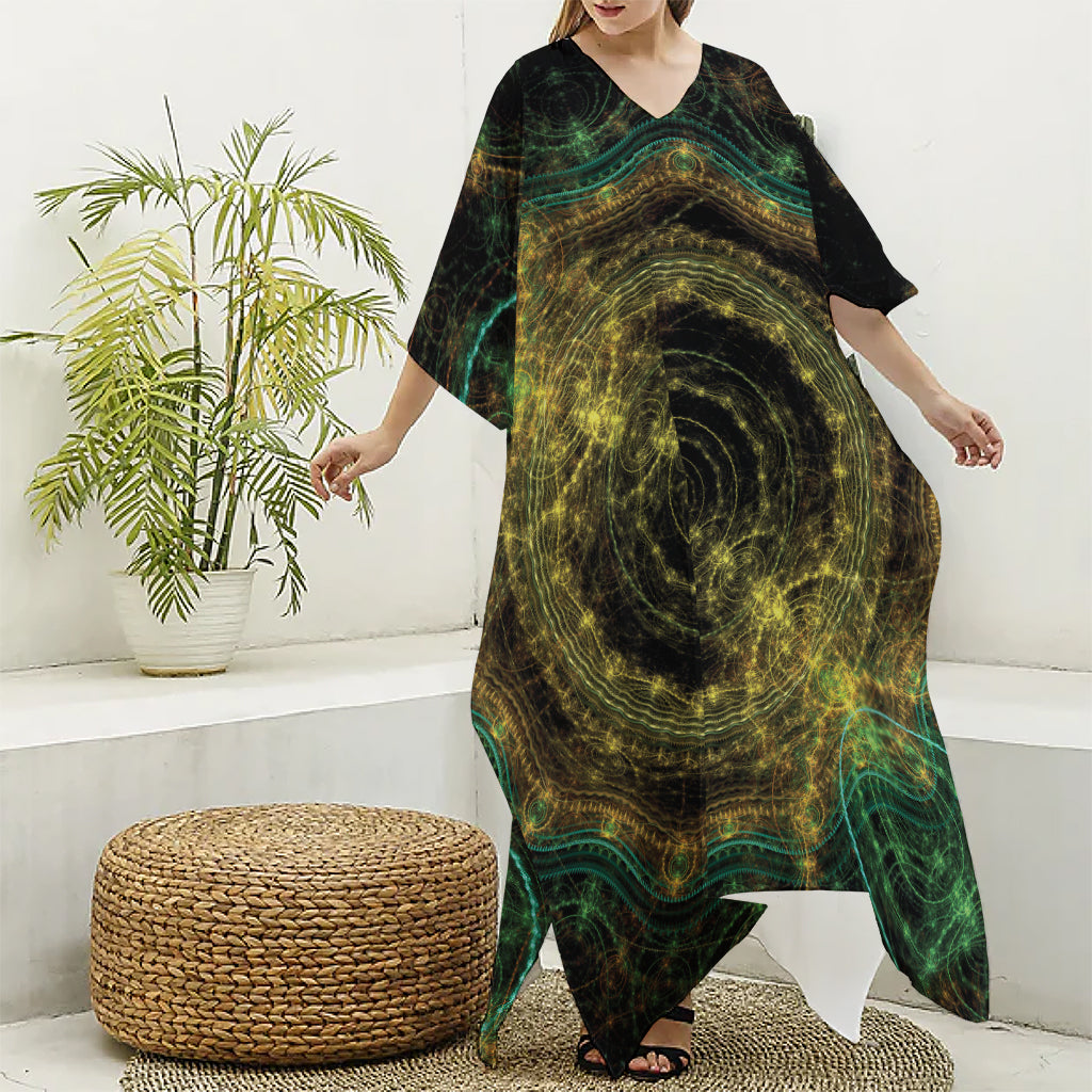 Steampunk Fractal Print Silk V-Neck Kaftan Dress