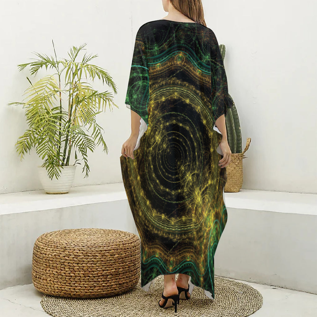 Steampunk Fractal Print Silk V-Neck Kaftan Dress