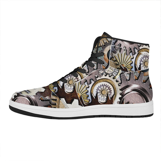 Steampunk Gears And Cogs Print High Top Leather Sneakers