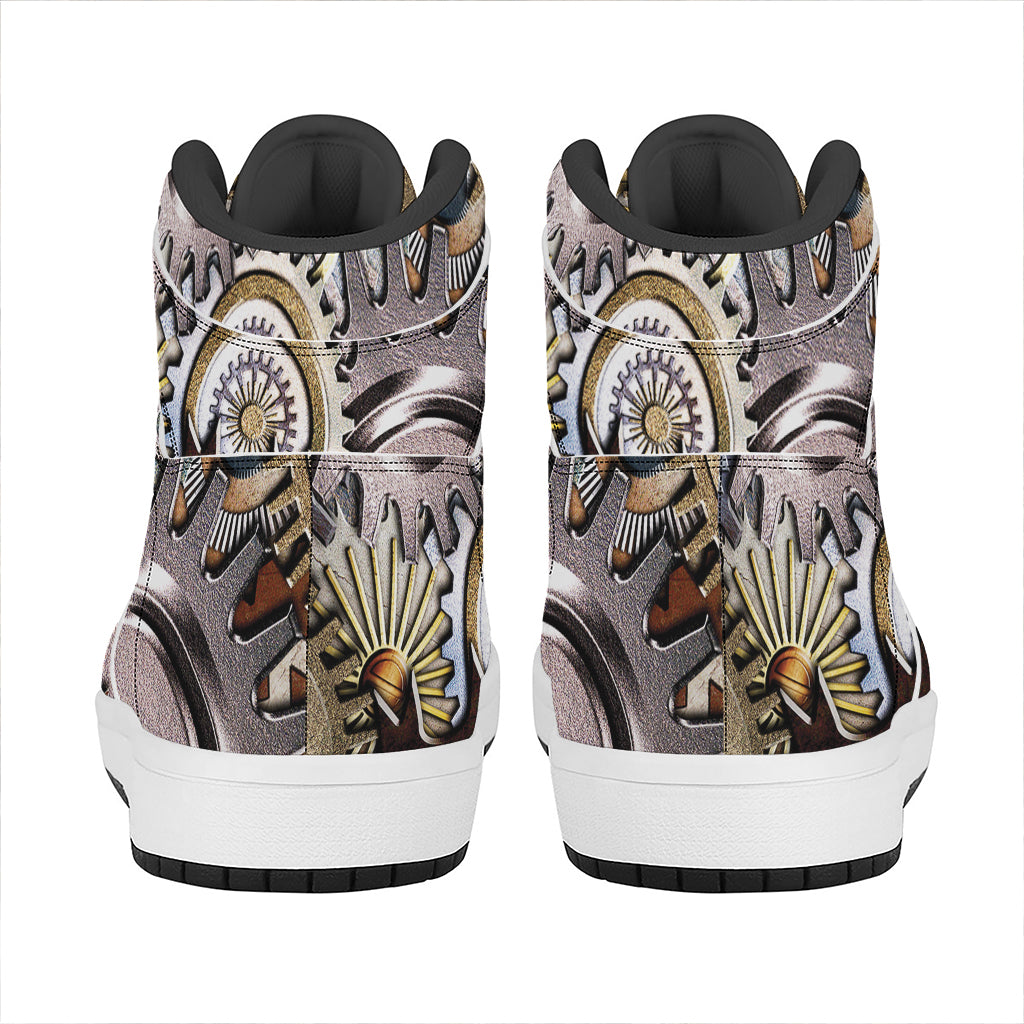 Steampunk Gears And Cogs Print High Top Leather Sneakers