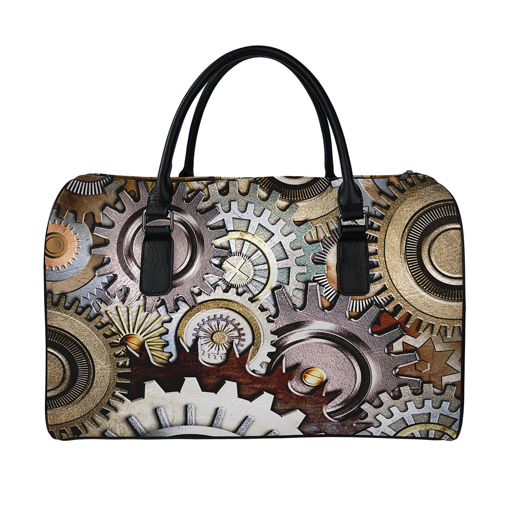 Steampunk Gears And Cogs Print Leather Duffle Bag