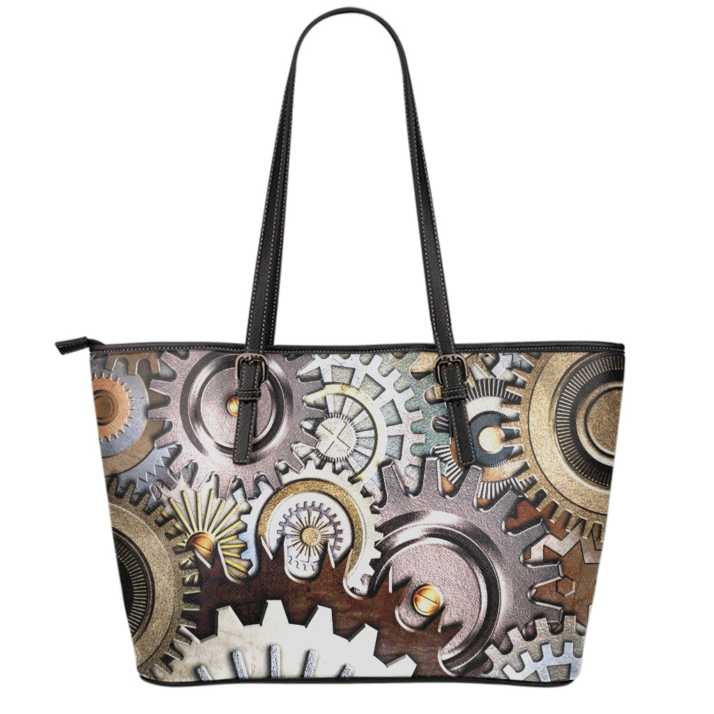Steampunk Gears And Cogs Print Leather Tote Bag