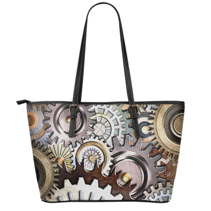 Steampunk Gears And Cogs Print Leather Tote Bag