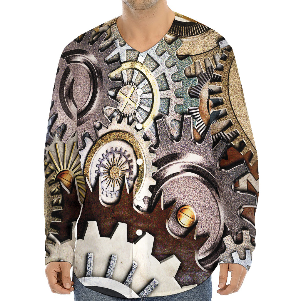 Steampunk Gears And Cogs Print Long Sleeve Baseball Jersey