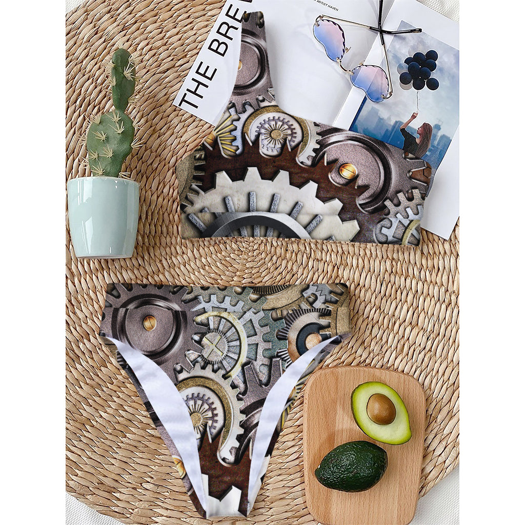 Steampunk Gears And Cogs Print One Shoulder Bikini Top