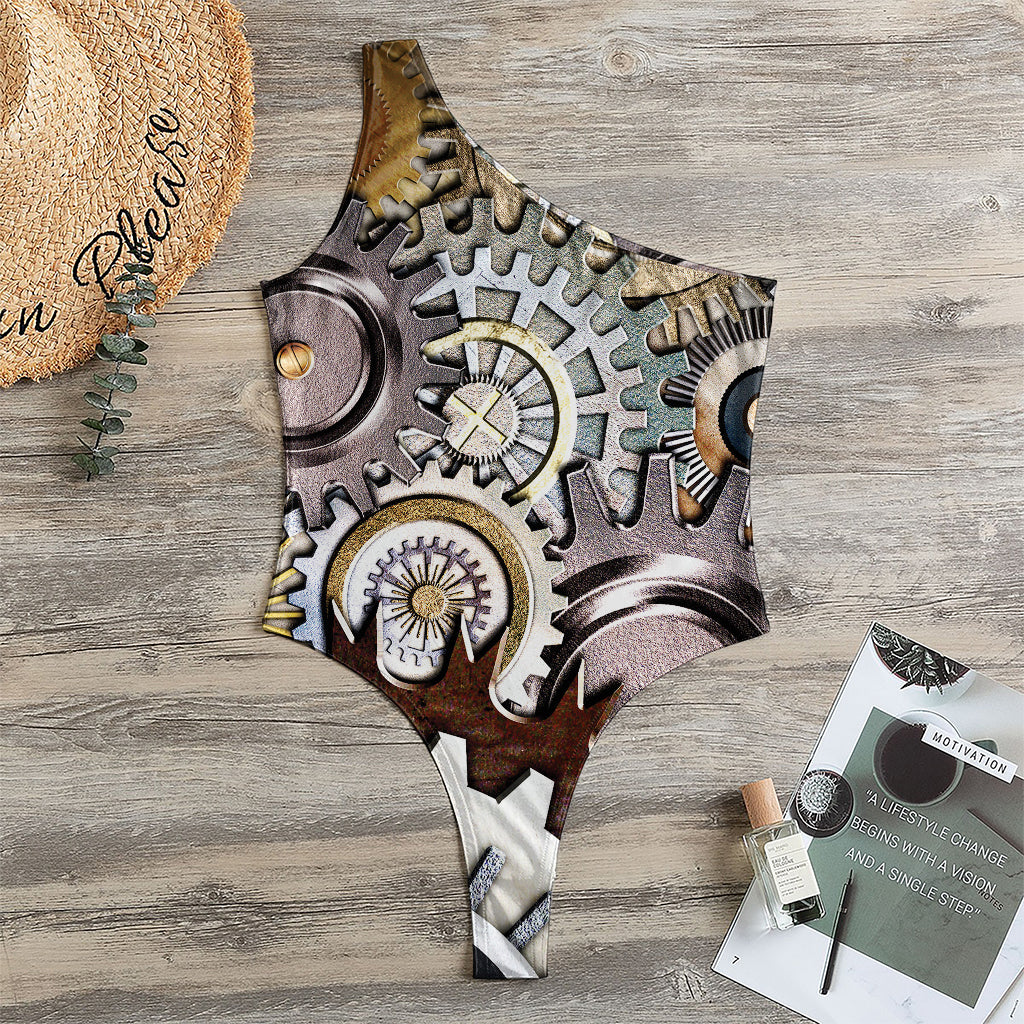Steampunk Gears And Cogs Print One Shoulder Bodysuit