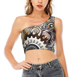 Steampunk Gears And Cogs Print One Shoulder Crop Top
