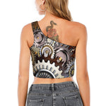Steampunk Gears And Cogs Print One Shoulder Crop Top