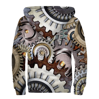 Steampunk Gears And Cogs Print Sherpa Lined Zip Up Hoodie
